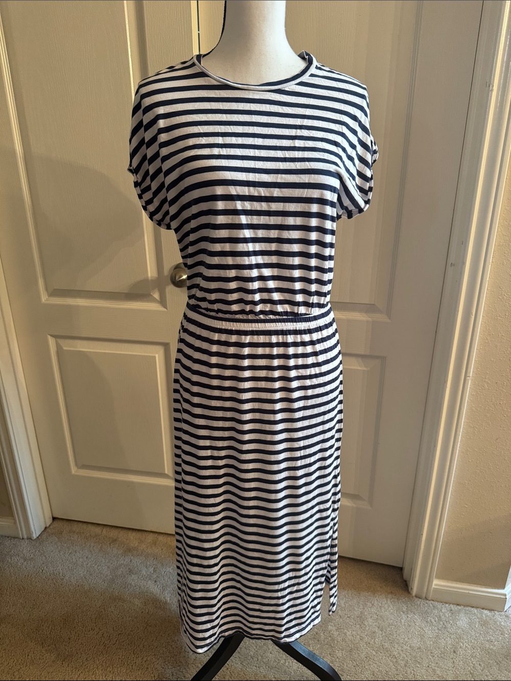 H&M - Navy and White Striped Midi Dress - Size Small